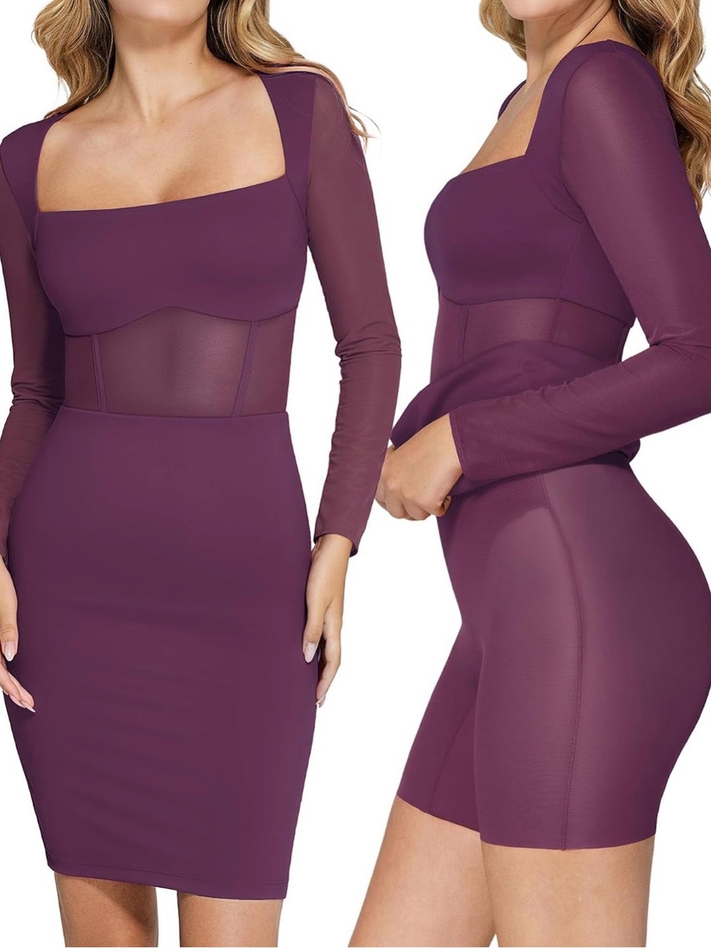 NWT Popilush Shapewear Long Sleeve Mesh Inset Bodycon Midi Dress Purple